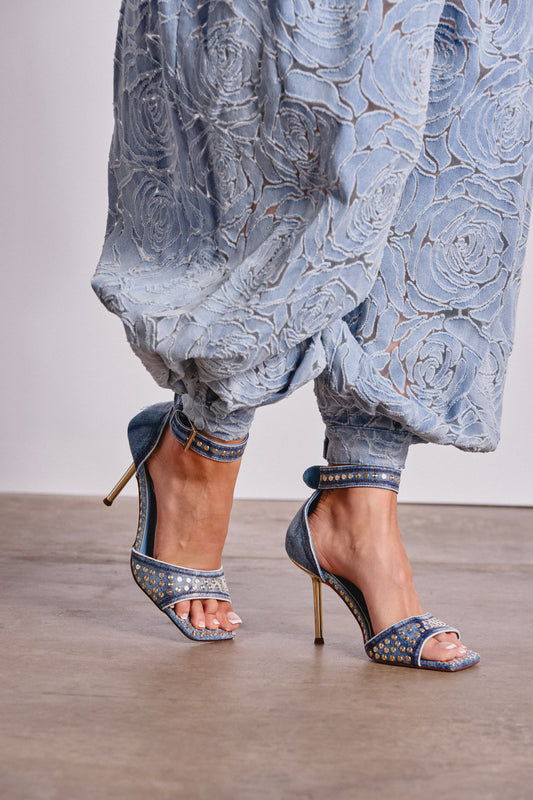 AKIRA GOLD INANA DENIM STUD EMBELLISHED STILETTO SANDAL