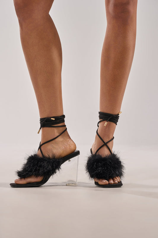 AKIRA GOLD KIRI BLACK FUR THONG SANDAL WITH CLEAR HEEL