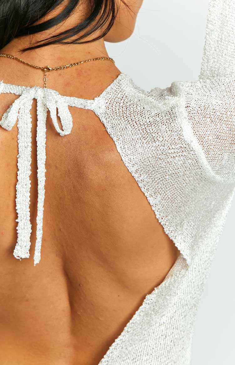 Kendrick White Sequin Knit Long Sleeve Maxi Dress