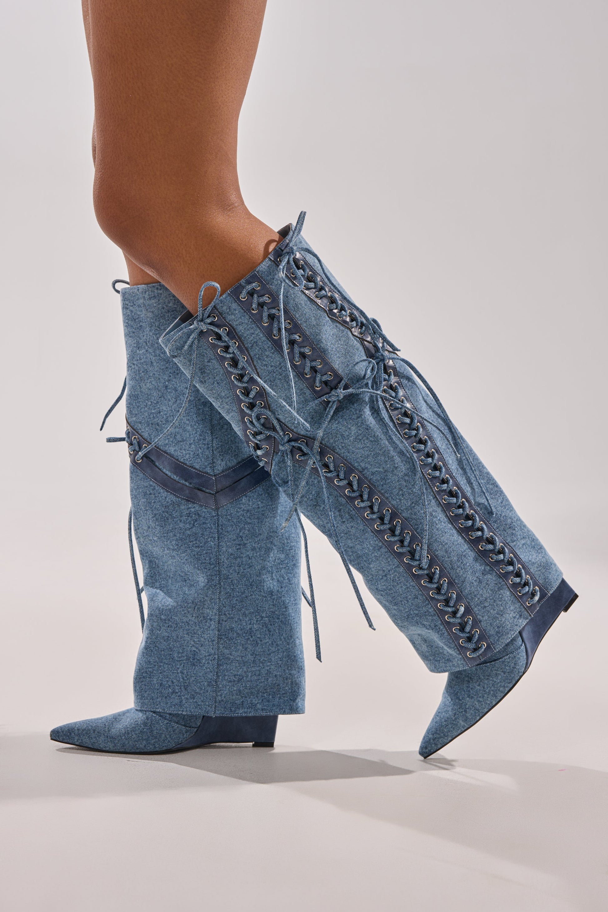 AKIRA GOLD MANTIGNA DENIM WEDGE BOOT