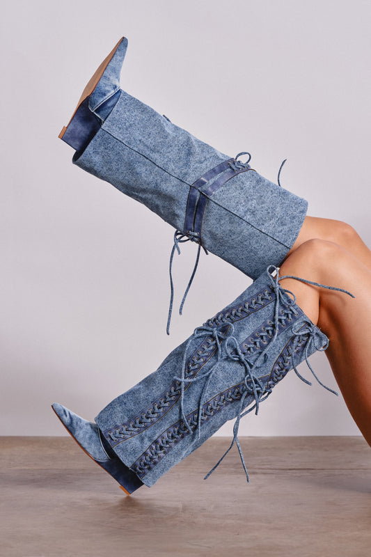 AKIRA GOLD MANTIGNA DENIM WEDGE BOOT