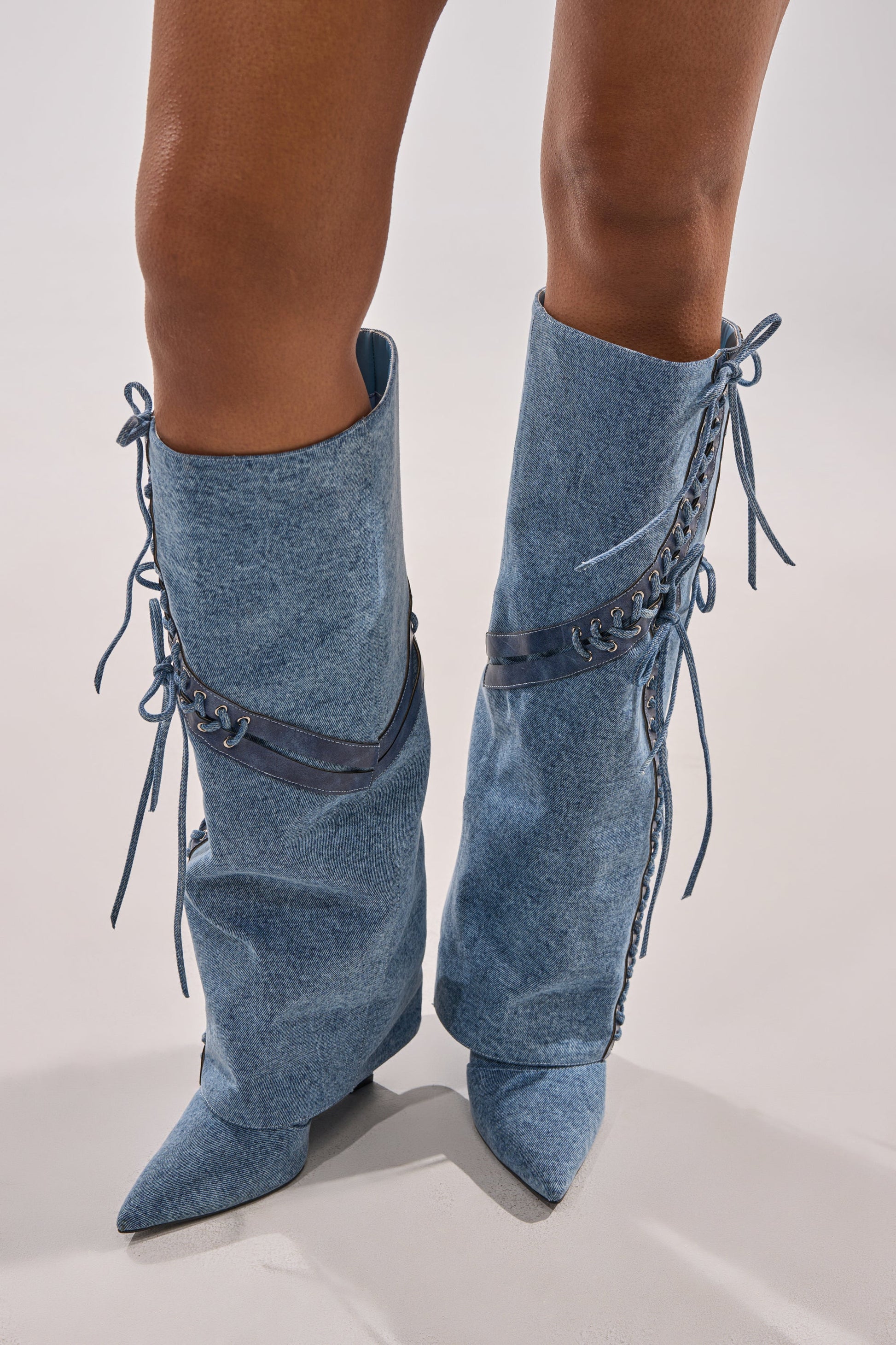 AKIRA GOLD MANTIGNA DENIM WEDGE BOOT