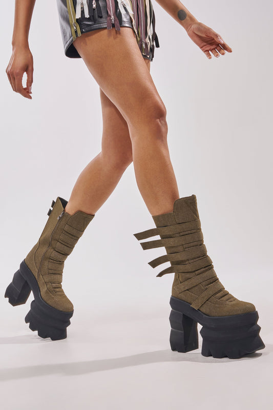 AKIRA GOLD MENACING OLIVE BLOCK PLATFORM BOOTIE