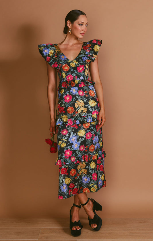 Lindsay Midi Dress ~ Charm Peony Black Luxe Satin