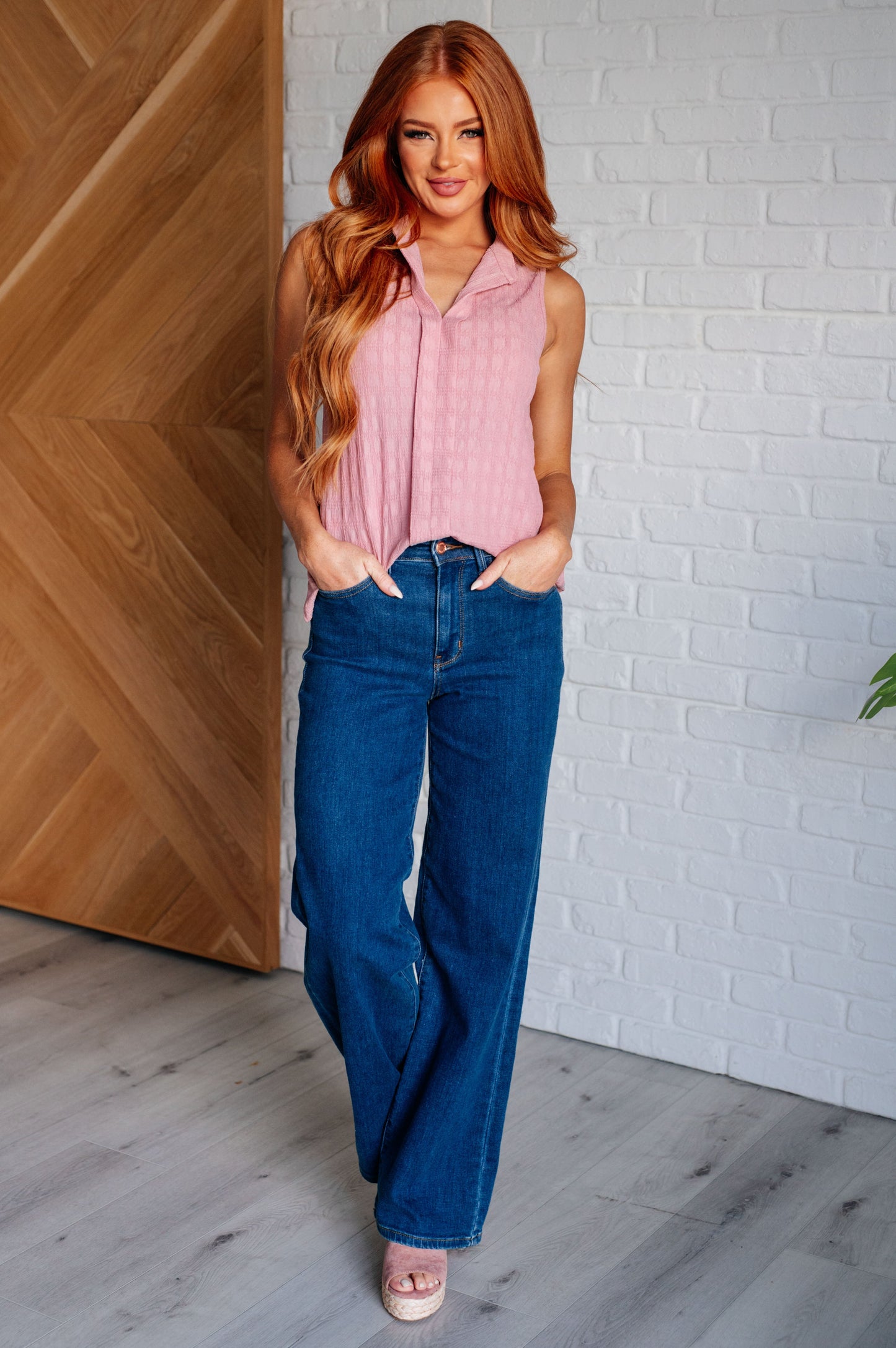 Hazel Blues® |  Matter of Fact Pleat Front Sleeveless Blouse in Pink
