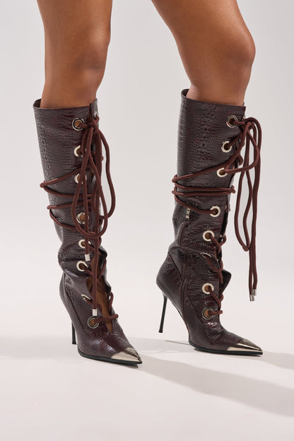 AKIRA GOLD PANTOUM CHOCOLATE CROC STILETTO BOOT