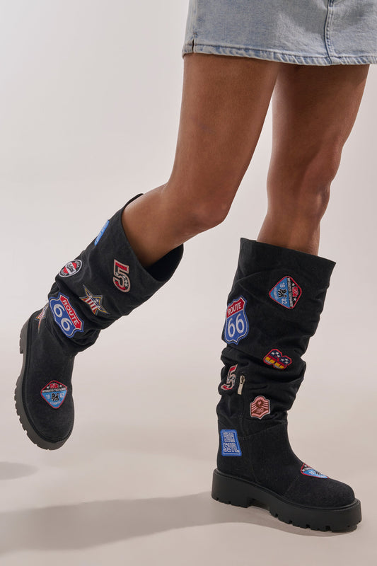 AKIRA GOLD POSTAL BLACK PATCHWORK FLAT BOOT