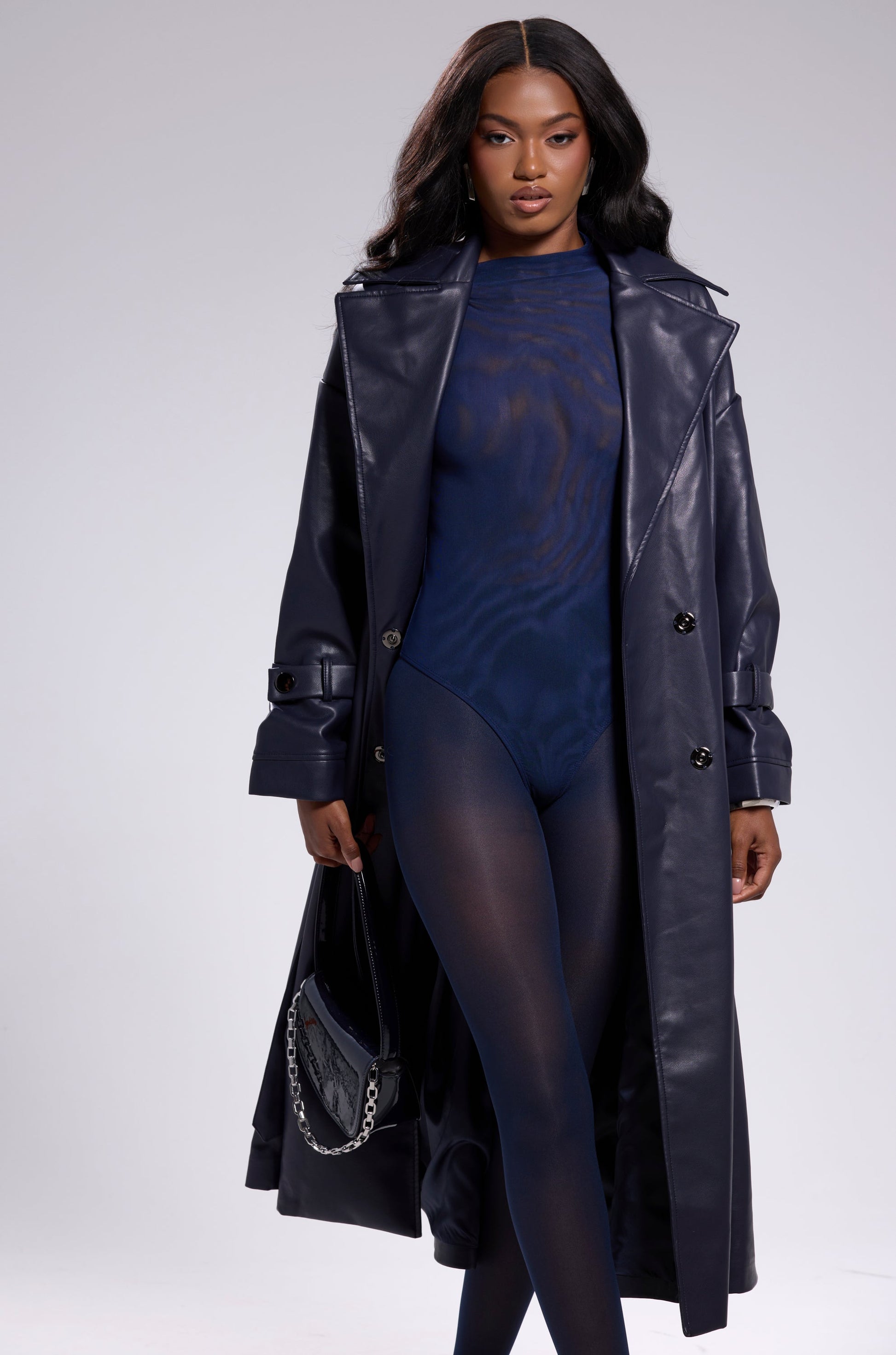 ALINNA FAUX LEATHER TRENCH IN NAVY