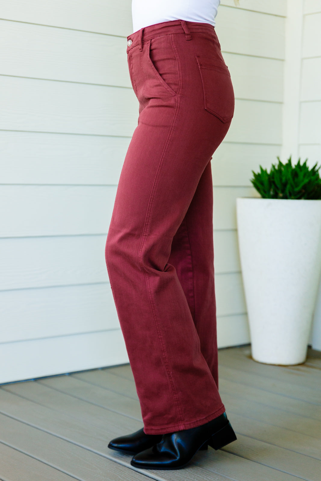 Hazel Blues® |  Phoebe High Rise Front Seam Straight Jeans in Burgundy