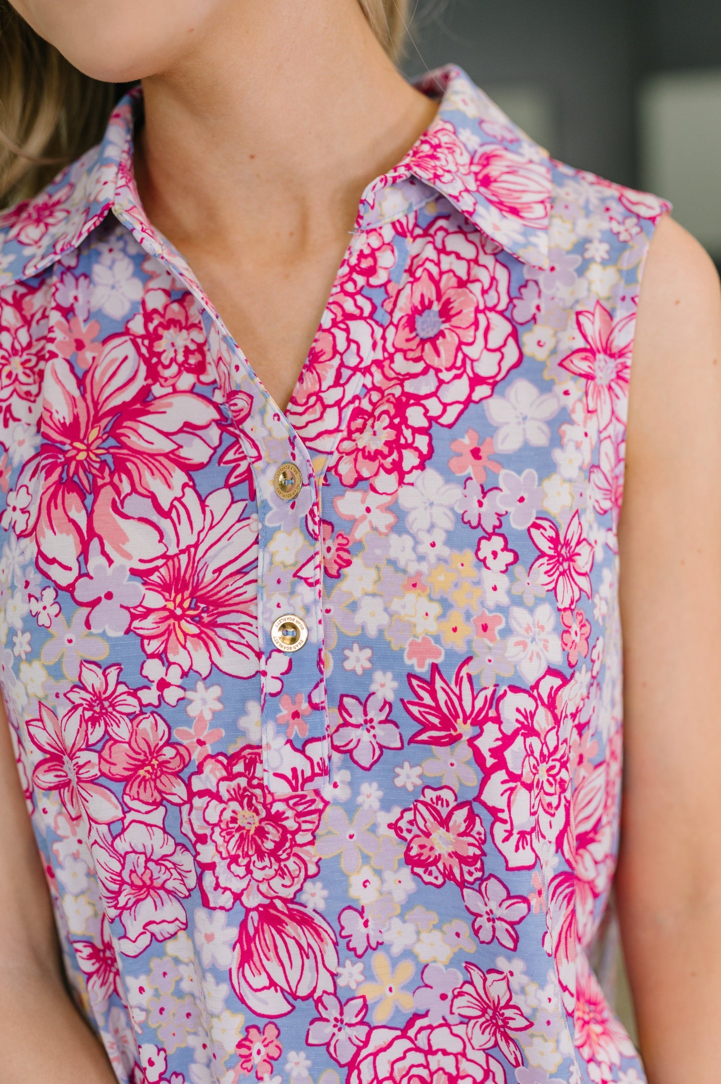 Hazel Blues® |  Sea Spray Collared Sleeveless Top in Falling Floral