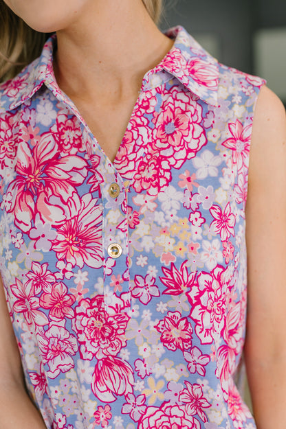 Hazel Blues® |  Sea Spray Collared Sleeveless Top in Falling Floral