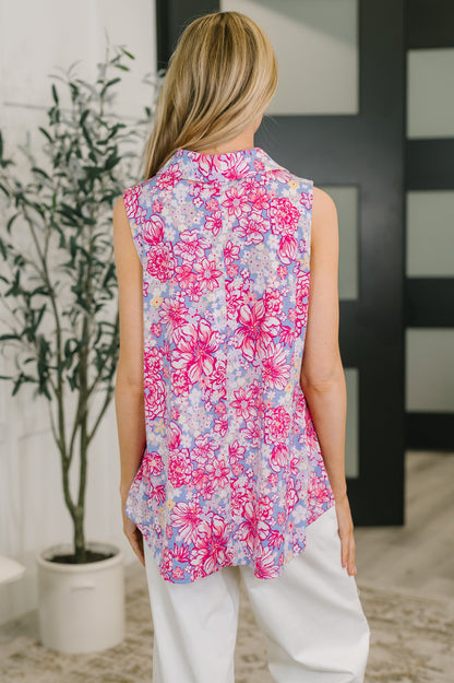Hazel Blues® |  Sea Spray Collared Sleeveless Top in Falling Floral