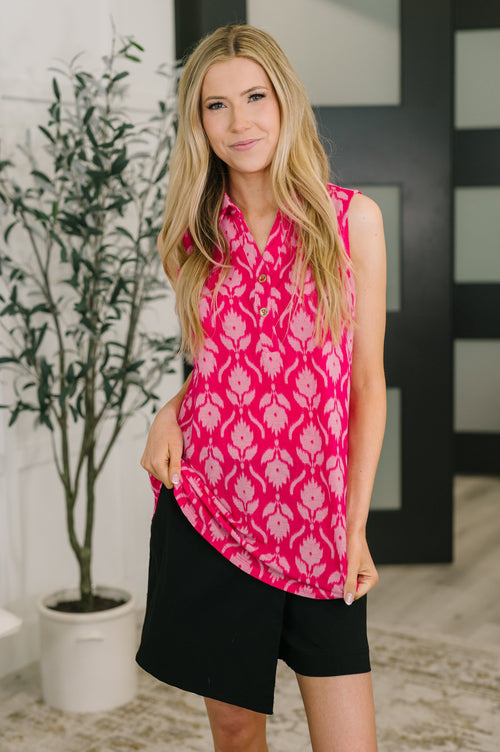Hazel Blues® |  Sea Spray Collared Sleeveless Top in Floral Ikat