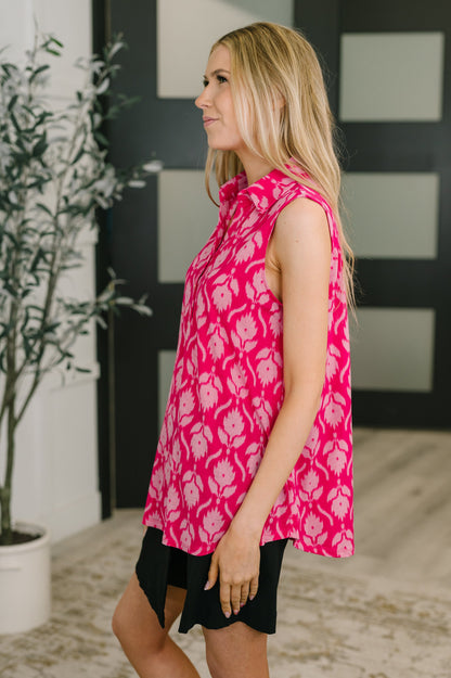 Hazel Blues® |  Sea Spray Collared Sleeveless Top in Floral Ikat