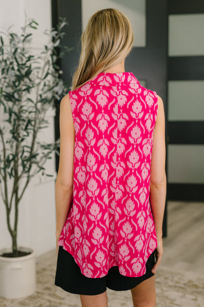 Hazel Blues® |  Sea Spray Collared Sleeveless Top in Floral Ikat