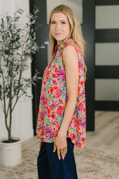 Hazel Blues® |  Sea Spray Collared Sleeveless Top in Island Bloom