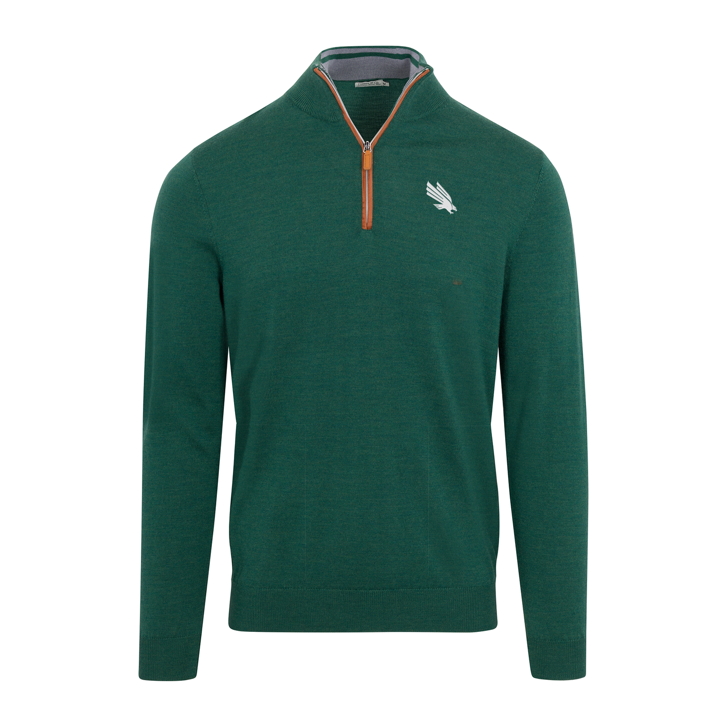 North Texas Hunter Green with Brown Suede Trim Cashmere Touch Australian Merino Quarter Zip Sweater