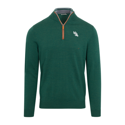 North Texas Hunter Green with Brown Suede Trim Cashmere Touch Australian Merino Quarter Zip Sweater
