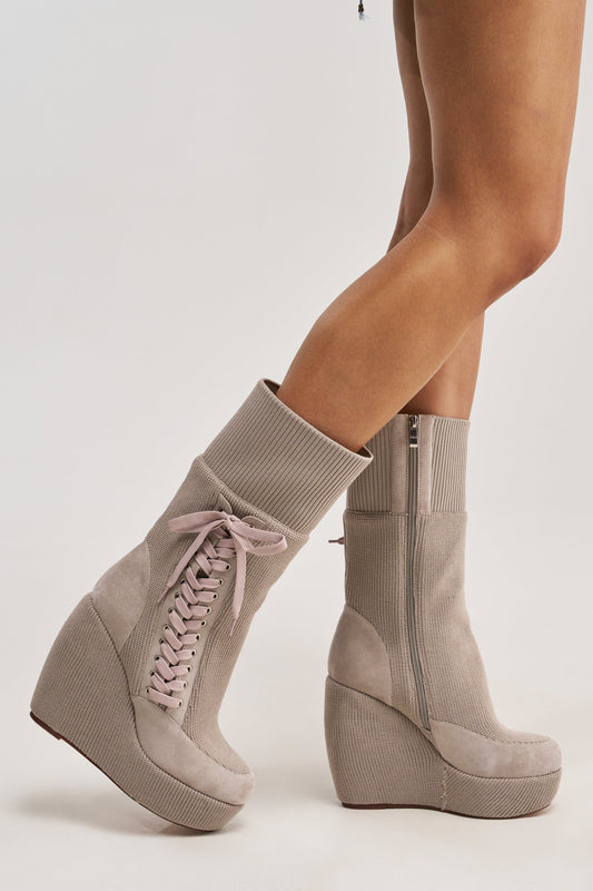 AKIRA GOLD WHATEVER WARM GREY CANVAS WEDGE BOOTIE