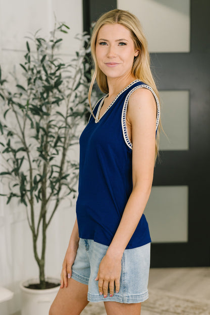 Hazel Blues® |  Whisper Trim Detailed V-Neck Tank in Navy
