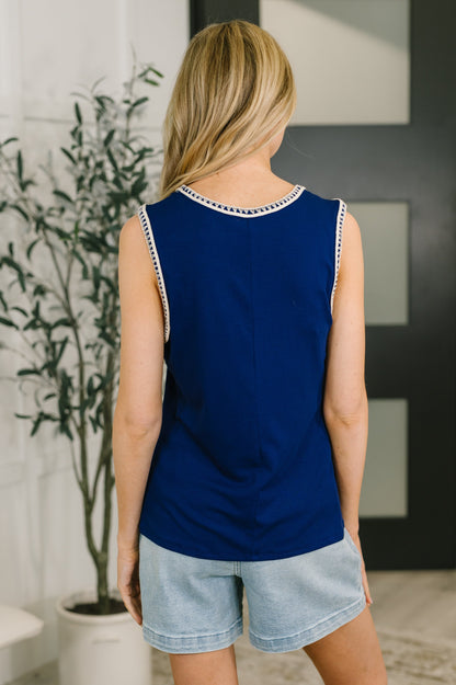 Hazel Blues® |  Whisper Trim Detailed V-Neck Tank in Navy