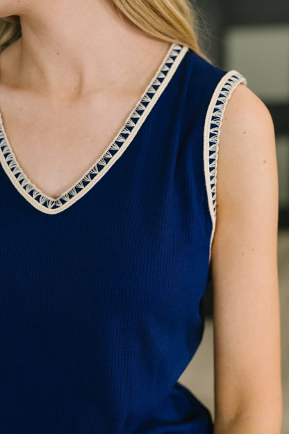 Hazel Blues® |  Whisper Trim Detailed V-Neck Tank in Navy