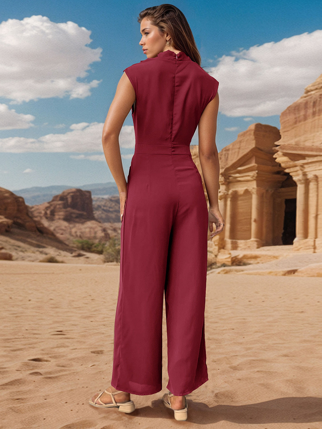 Hazel Blues® |  Ruched Mock Neck Sleeveless Jumpsuit