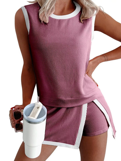Hazel Blues® |  Ribbed Knit Sleeveless Top and Skort Set