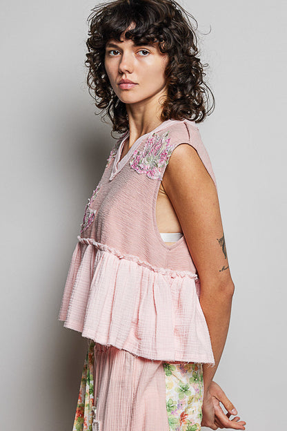 Hazel Blues® |  POL Floral Patch Ruffled Sleeveless Top with Raw Edge Detail