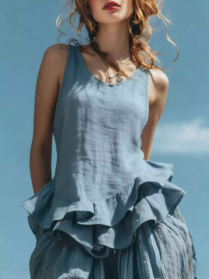 Hazel Blues® |  Ruffled Hem Round Neck Tank