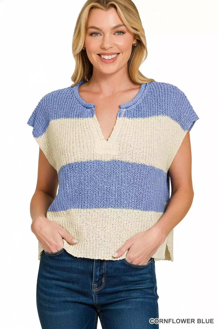 Hazel Blues® |  Zenana Split Neck Sleeveless Stripe Sweater