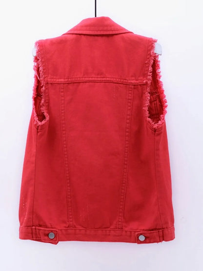 Hazel Blues® | Button Down Raw Hem Sleeveless Denim Jacket