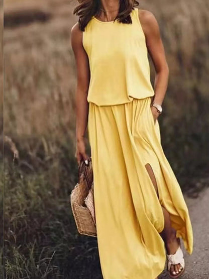 Hazel Blues® | Round Neck Sleeveless Slit Maxi Dress