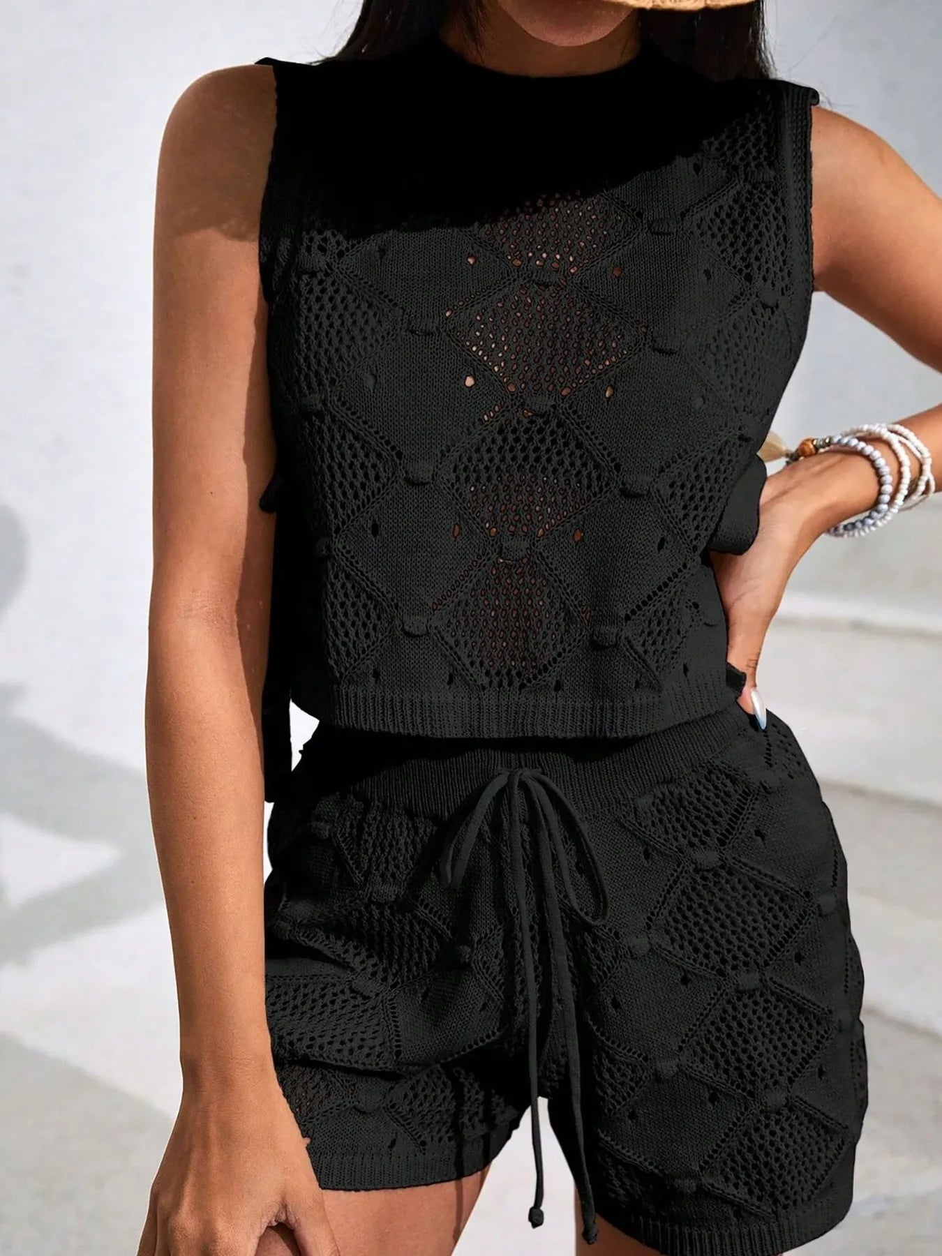Hazel Blues® |  Diamond Pattern Sleeveless Top and Shorts Knit Set