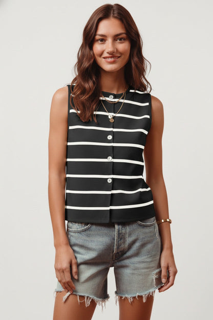 Hazel Blues® |  SO ME Button Front Stripe Fine Sweater Sleeveless Top