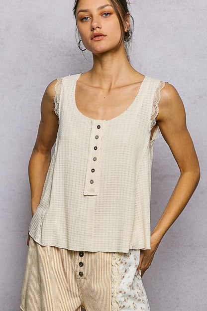 Hazel Blues® |  POL Textured Knit Round Neck Tank with Lace Detail