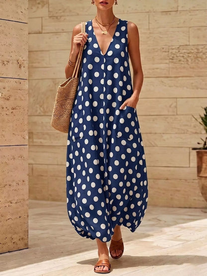 Hazel Blues® |  Polka Dot V-Neck Sleeveless Maxi Dress