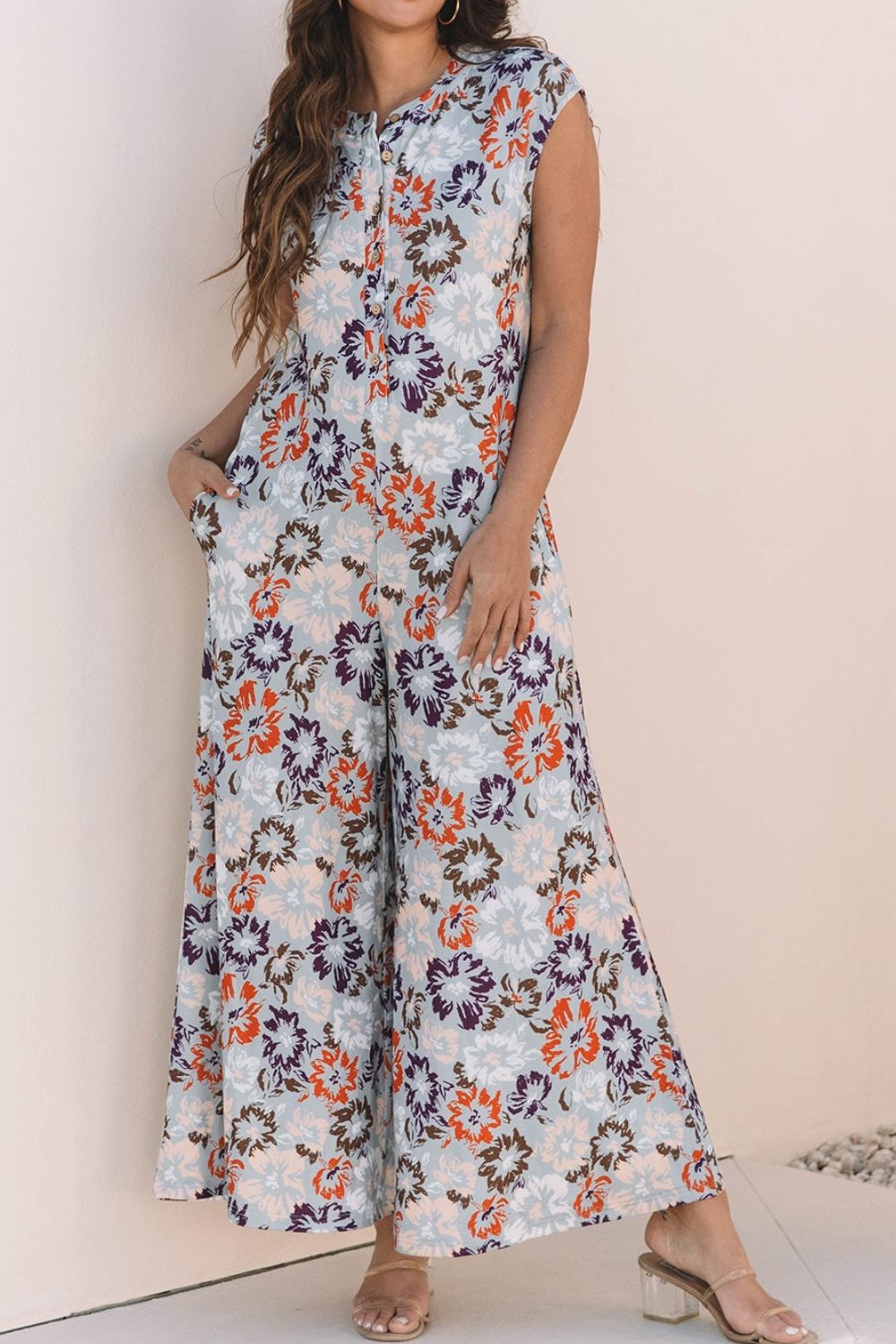 Hazel Blues® |  Floral Sleeveless Button Front Wide Leg Jumpsuit