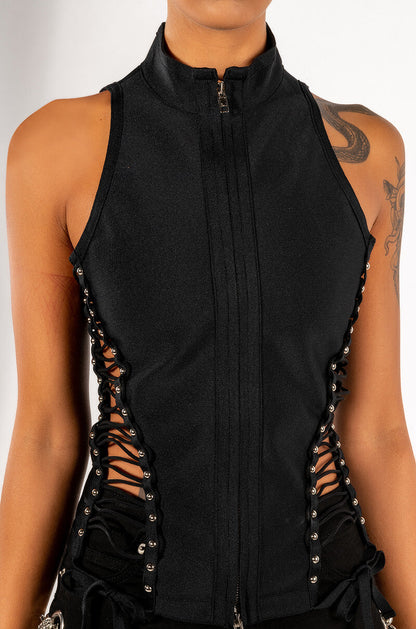 ABCDEFU LACE UP MOCK NECK SLEEVELESS BANDAGE TOP