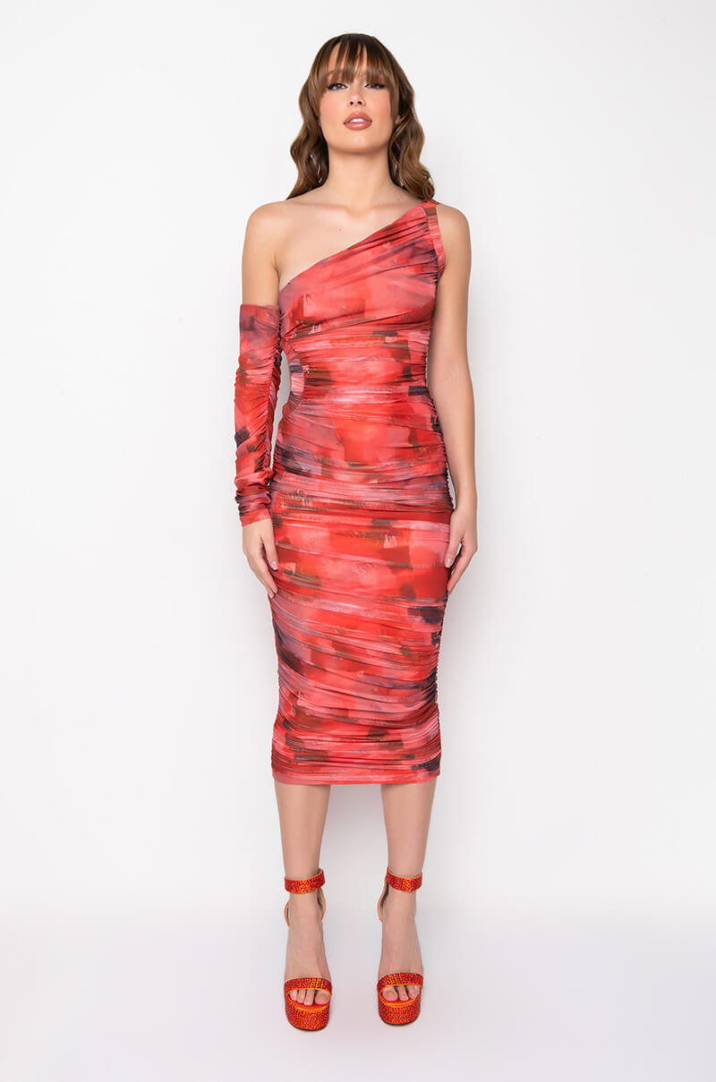 ABSTRACT PRINT MESH MIDI DRESS