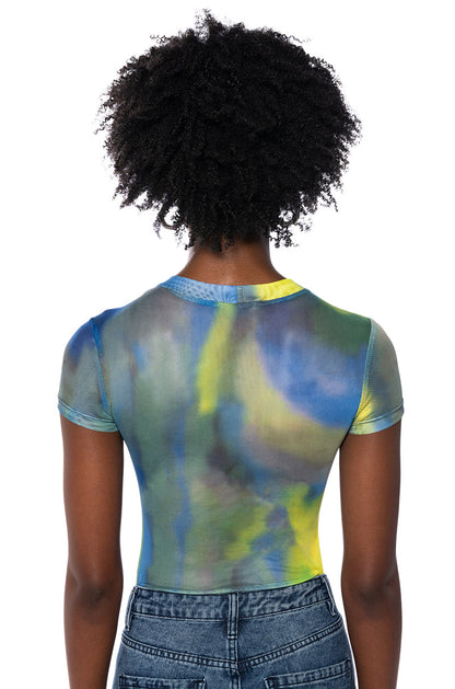 ABSTRACT PRINTED SHORT SLEEVE MESH BODYSUIT