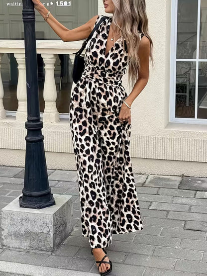 Hazel Blues® |  Sleeveless V-Neck Leopard Print Wide Leg Jumpsuit