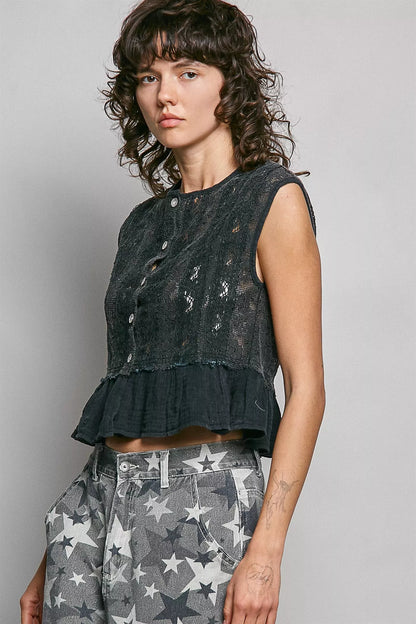 Hazel Blues® |  POL Round Neck Lace Sleeveless Top with Double Gauze Ruffle