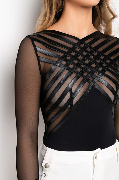 AFTER DARK FAUX LEATHER PANEL LONG SLEEVE MESH BODYSUIT