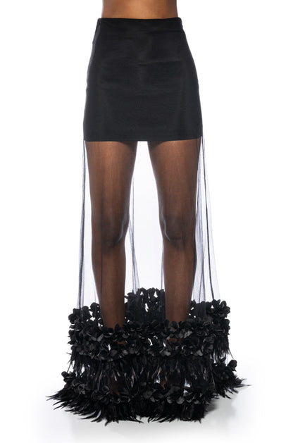 ALICE FEATHER DETAIL SHEER MAXI SKIRT IN BLACK