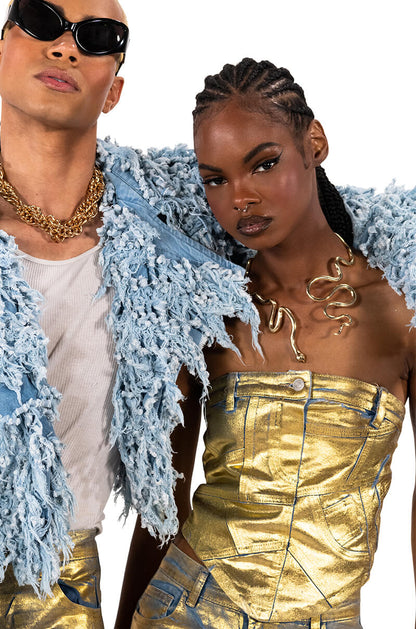 ALIYAH METALLIC DENIM TUBE TOP
