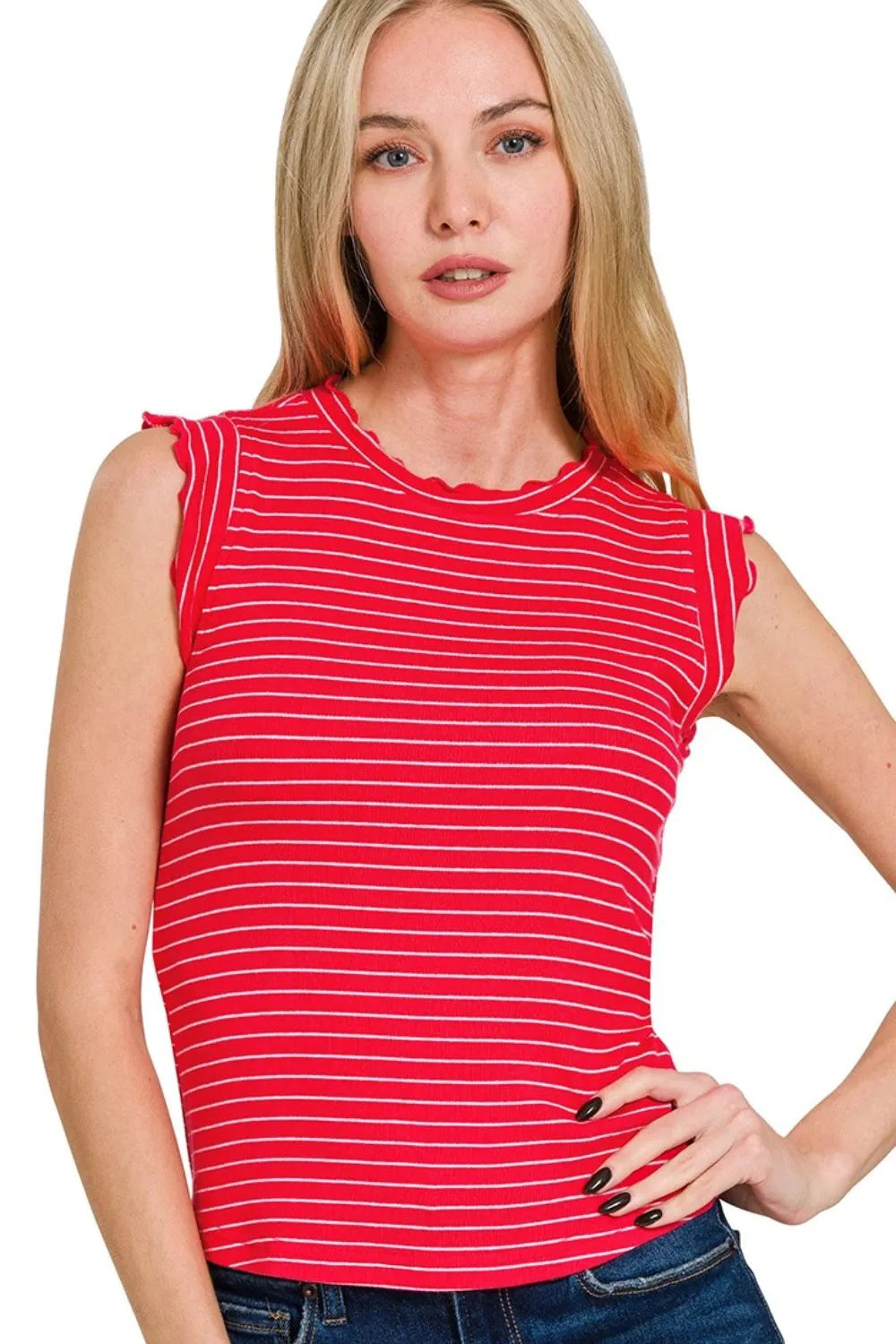 Hazel Blues® |  Zenana Ribbed Ruffle Trim Sleeveless Stripe Top