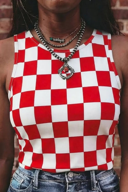 Hazel Blues® |  Checkered Print Round Neck Tank