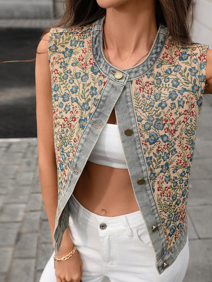 Hazel Blues® |  Floral Embroidered Sleeveless Denim Top