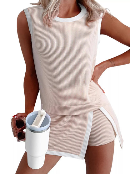 Hazel Blues® |  Ribbed Knit Sleeveless Top and Skort Set